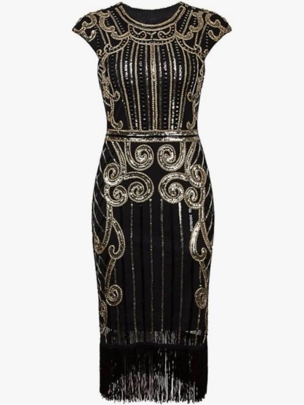Women's 1920s Vintage Inspired Sequin Embellished Fringe Gatsby Flapper Dress, S